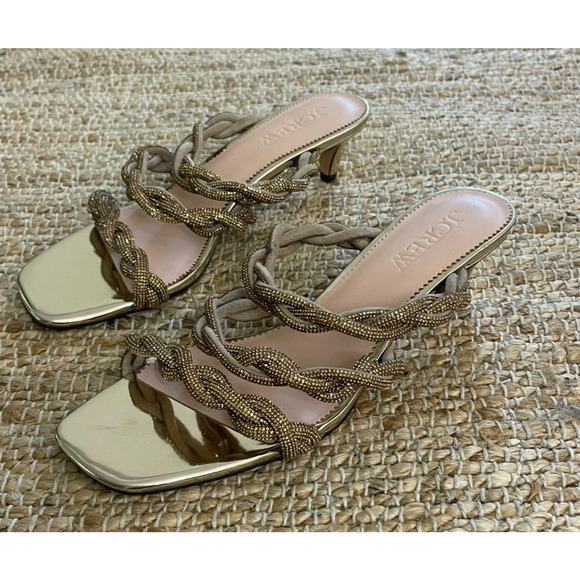 J Crew 8.5 Heels Zadie Strappy Kitten Heel Pumps Gold Open Toe Crystals NEW - Picture 4 of 14